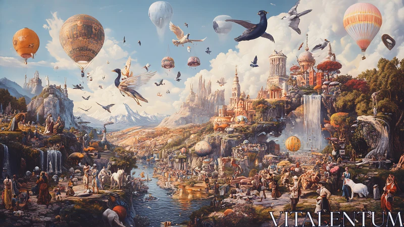 Surreal valley city merges airships, wildlife, and crowded market