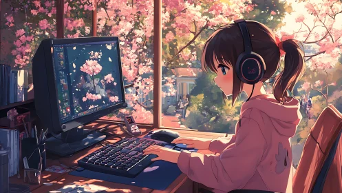 Girl uses desktop computer beside window with cherry blossoms