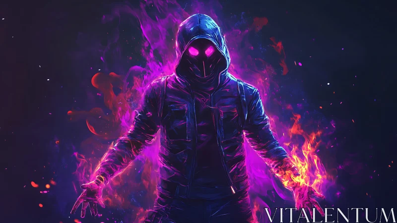 Hooded neon figure wielding vibrant purple and orange fire.
