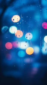 Raindrops on window with blurred multicolor city lights
