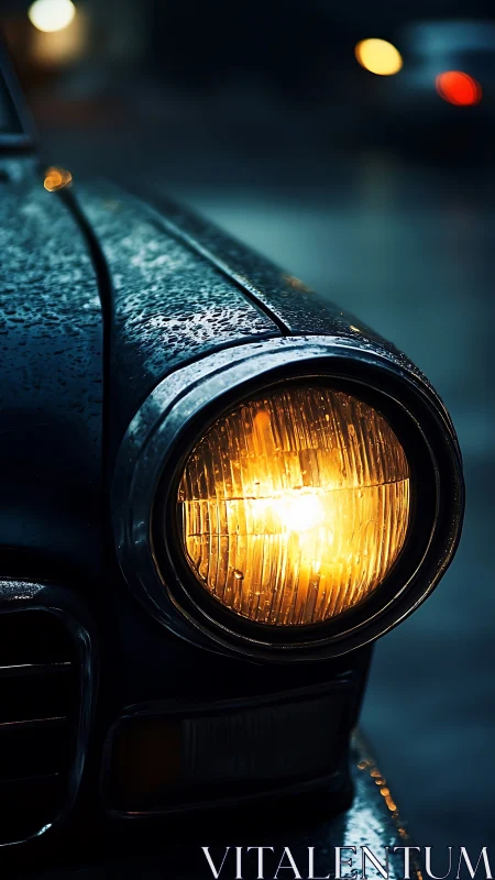 Rainy night glow on a vintage car headlight close-up.