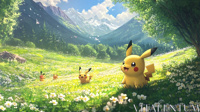 Pikachu figures in alpine meadow with distant snow peaks.