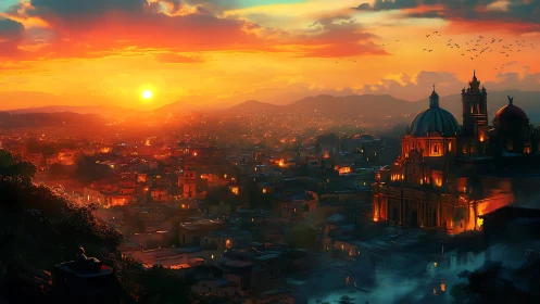 Sunset skyline over illuminated domed cathedral in dense city