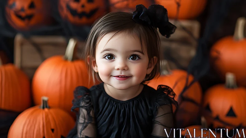 Young Child in Halloween Setting with Pumpkins