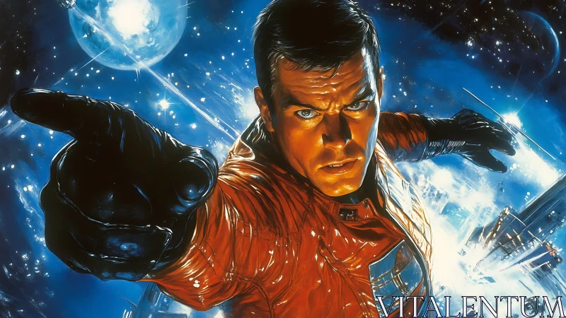 Space hero lunges forward through luminous cosmic battlefield.