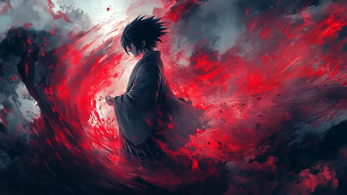Solitary anime figure amid turbulent crimson energy vortex