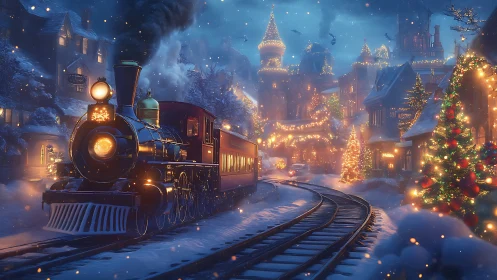 Steam train moves through illuminated snowy Christmas town