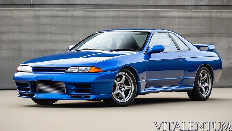 Blue two-door sports coupe on neutral urban backdrop.