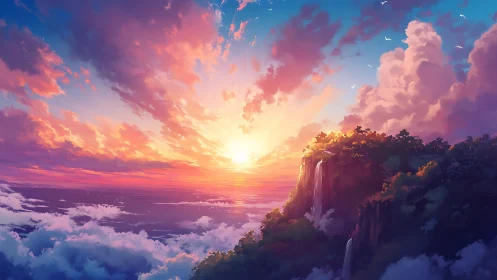 Sunset sky over ocean horizon and forested cliffscape.