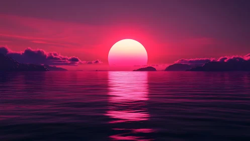 Neon magenta seascape with oversized sun and specular water gradient