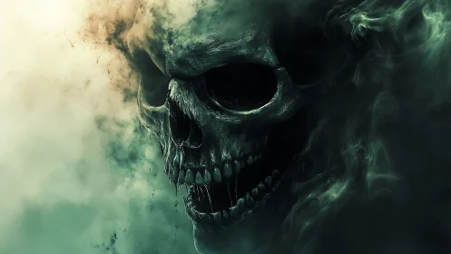 Spectral skull emerging from swirling toxic green mist.