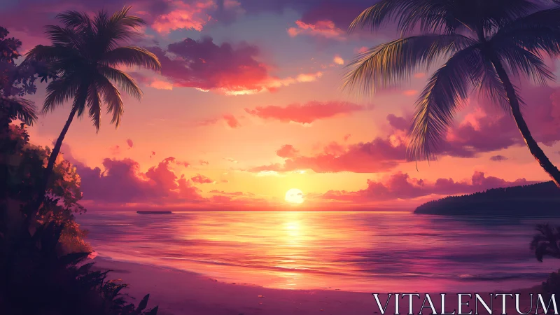 Tropical dusk lagoon where molten skies kiss quiet waves.