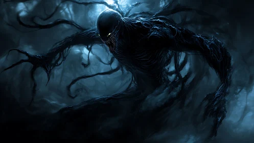 Shadowy eldritch entity advances through misted blue forest