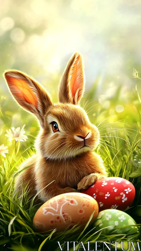 Brown rabbit in grass with painted Easter eggs in light.