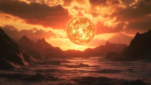 Molten stellar sphere over fractal eroded alien basin.