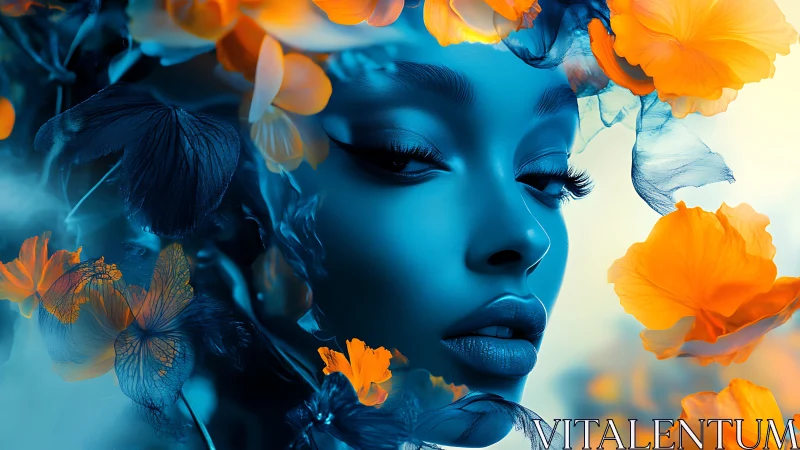 Blue-toned female portrait framed by contrasting orange flora.