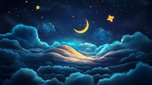 Moonlit cloud dunes cradle a sleepy, star-sprinkled sky.
