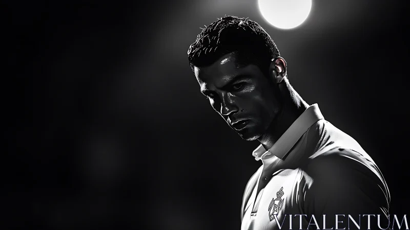 Moody football portrait under harsh backlit stadium glow.