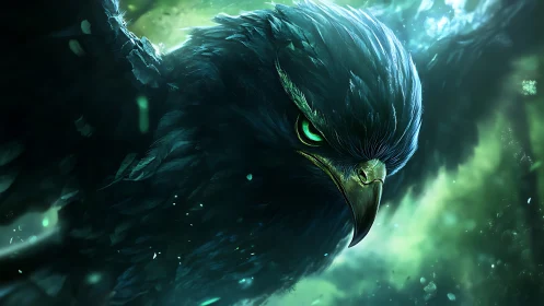 Majestic Dark Hawk in Fantasy Style with Intense Green Eyes.