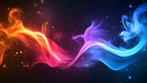 Swirling neon light waves: orange, pink, and blue luminous ribbons against dark starry background
