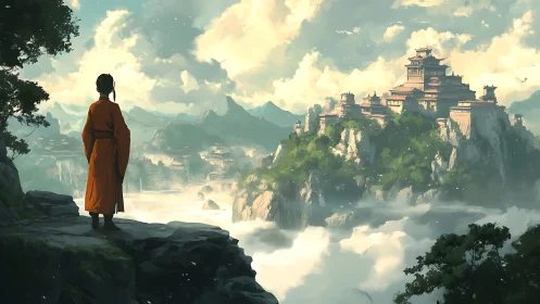 Young monk gazes toward a cloud-wreathed mountain citadel.