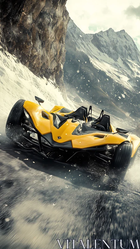 Yellow track car powers through icy alpine mountain pass.