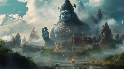 Colossal blue deity figure above misted river cityscape.