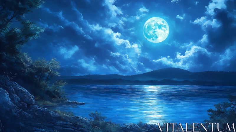 Luminous full moon over tranquil blue lakeshore landscape.