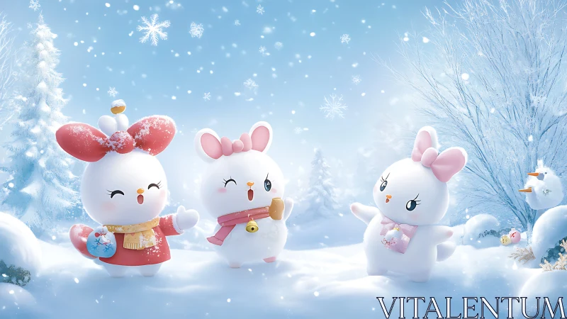 Snow-covered landscape with stylized rabbit characters in winter.
