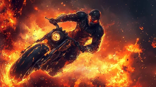 Armored rider on burning motorcycle cuts through explosive fire vortex