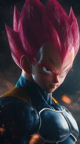 Cinematic 3D render of muscular warrior with pink spiked hair armor