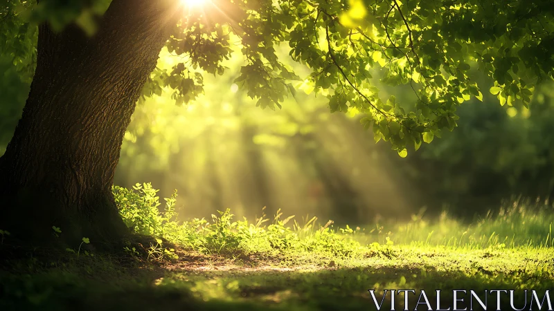 Sunlight Streaming Through Lush Green Tree in Peaceful Forest Scene.