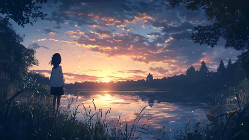 Silhouetted figure by lakeside under diffuse sunset sky.