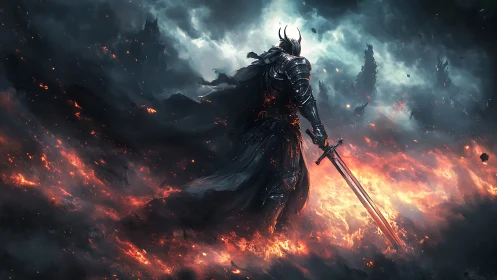Armored figure with sword in burning volcanic landscape.