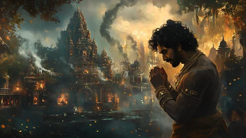 Sacred twilight prayers beside a glowing temple city.