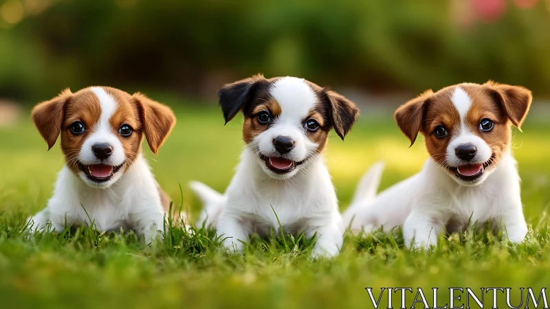 Three joyful puppies share playful smiles on soft green grass