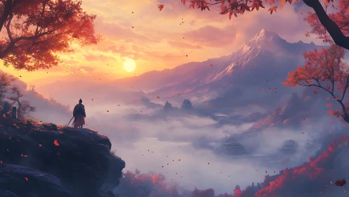 Samurai overlooks mist valley under blazing autumn sunrise.