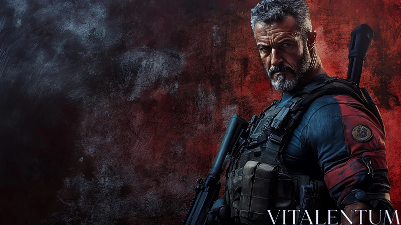 Grizzled armed soldier against dark red textured wall.