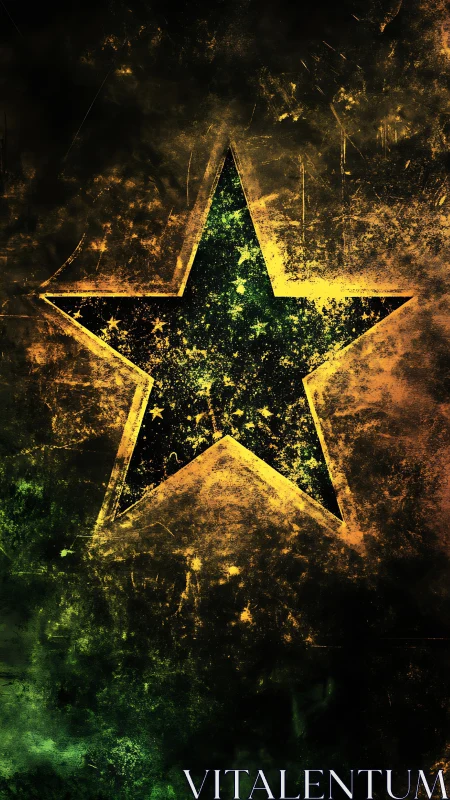 Grunge textured star with glowing green and gold edges.