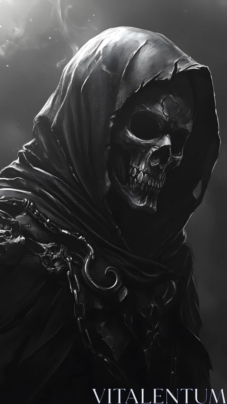 Shadowed reaper figure quietly waits in swirling silver mist