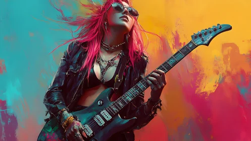 Neon haired rock guitarist against bold abstract backdrop.
