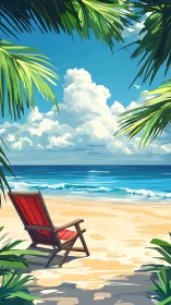 Lonely red beach chair faces tranquil turquoise sea horizon.