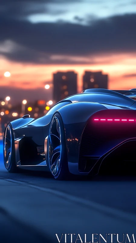 Futuristic electric supercar glows along neon city street.