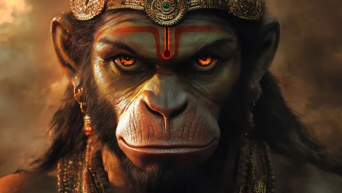 Fiery eyed monkey warrior gazes forward with quiet strength