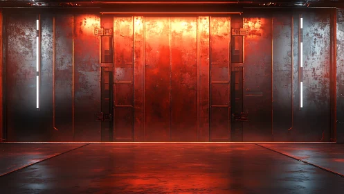 Glowing sci fi hangar doorway wrapped in warm red light.