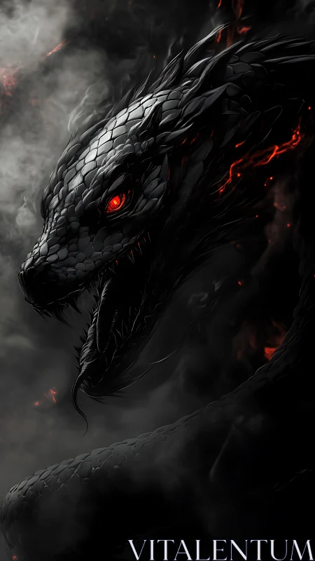 Volumetric-lit obsidian dragon head with ember-lined scales emerges