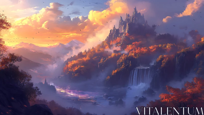 Mountain fortress overlooks autumn forest and misted river