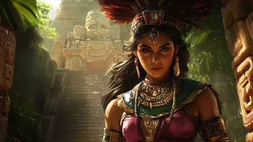 Digital rendering depicts woman before stepped jungle temple