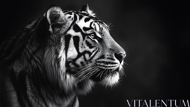 Monochrome tiger profile in dramatic side lighting.