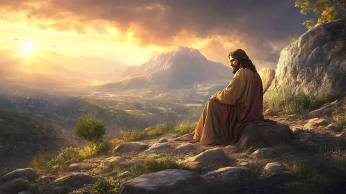 Digital painting of robed figure in contemplative mountain sunrise scene.